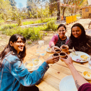 A cheerful group of friends sitting outdoors at a wooden table, raising clay cups in a toast. The setting is a lush garden with green foliage and a sunny sky in the background.